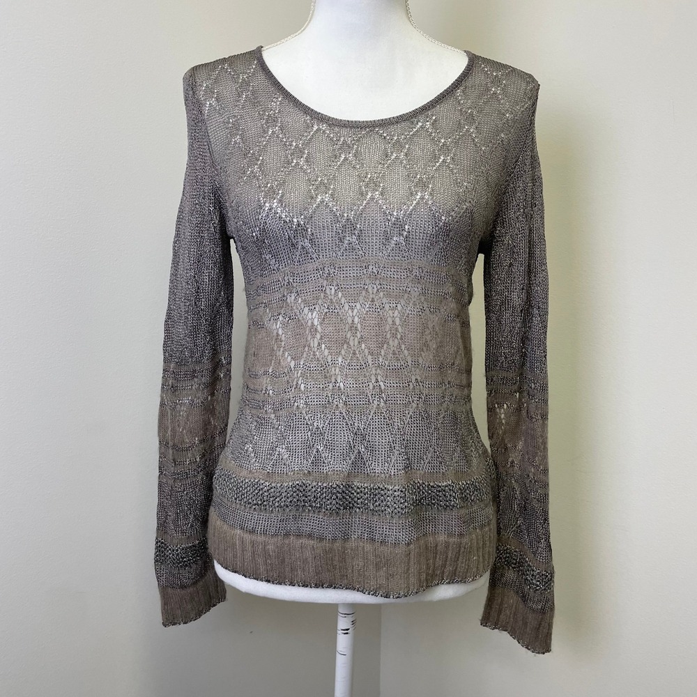 VTG J. Jill Metallic Open Knit Diamond Pointelle Sweater S Mohair Taupe Brown